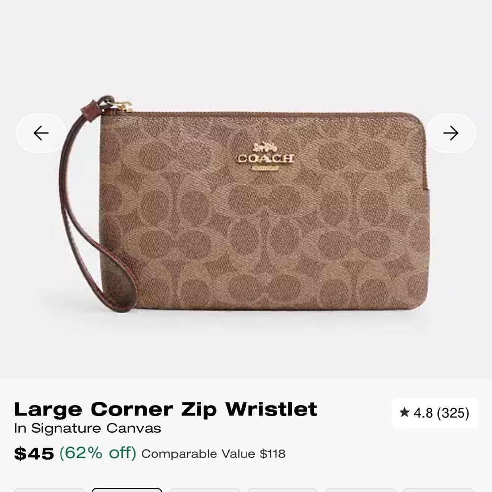 New with tags Coach Brown Large Corner Zip Wristlet